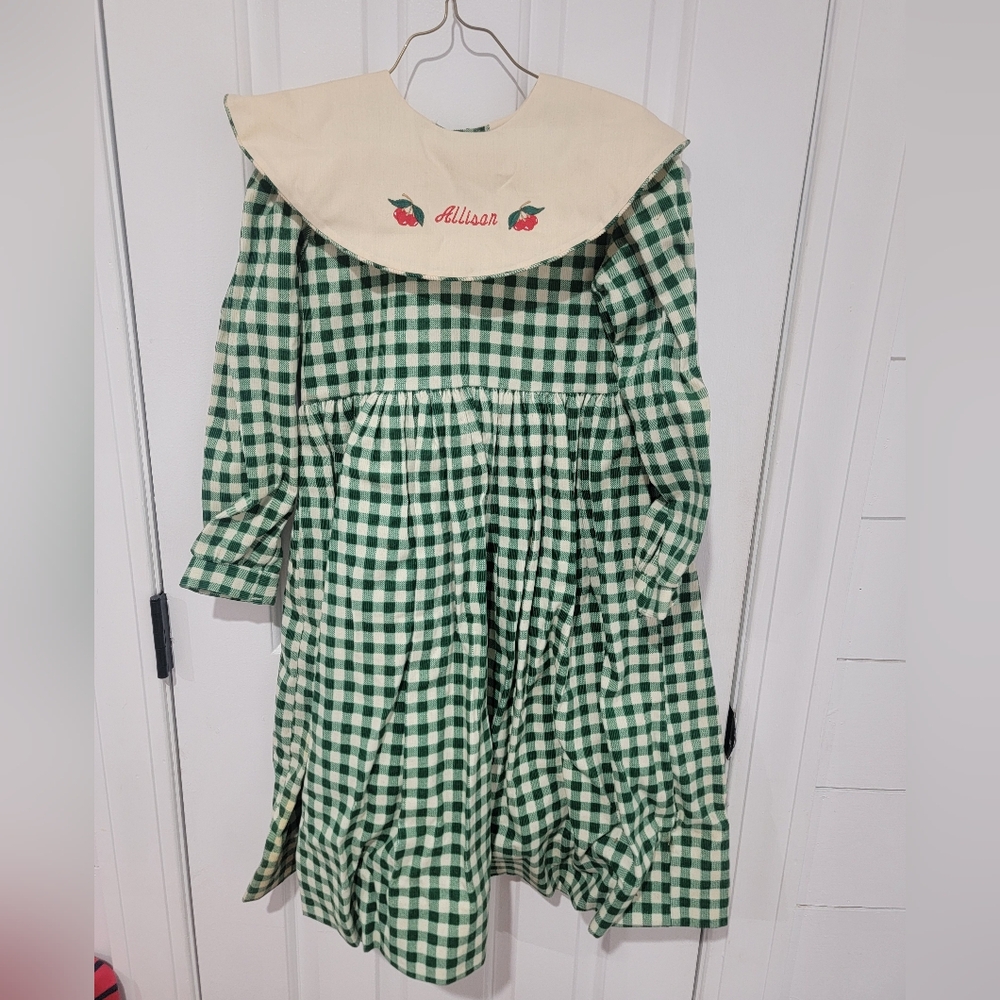 Green Gingham Dress with Embroidered Collar Allison With Apples